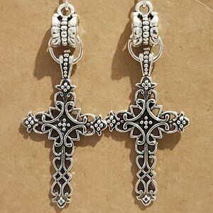 Ornate Baroque / Gothic Silver Tone Cross Earrings